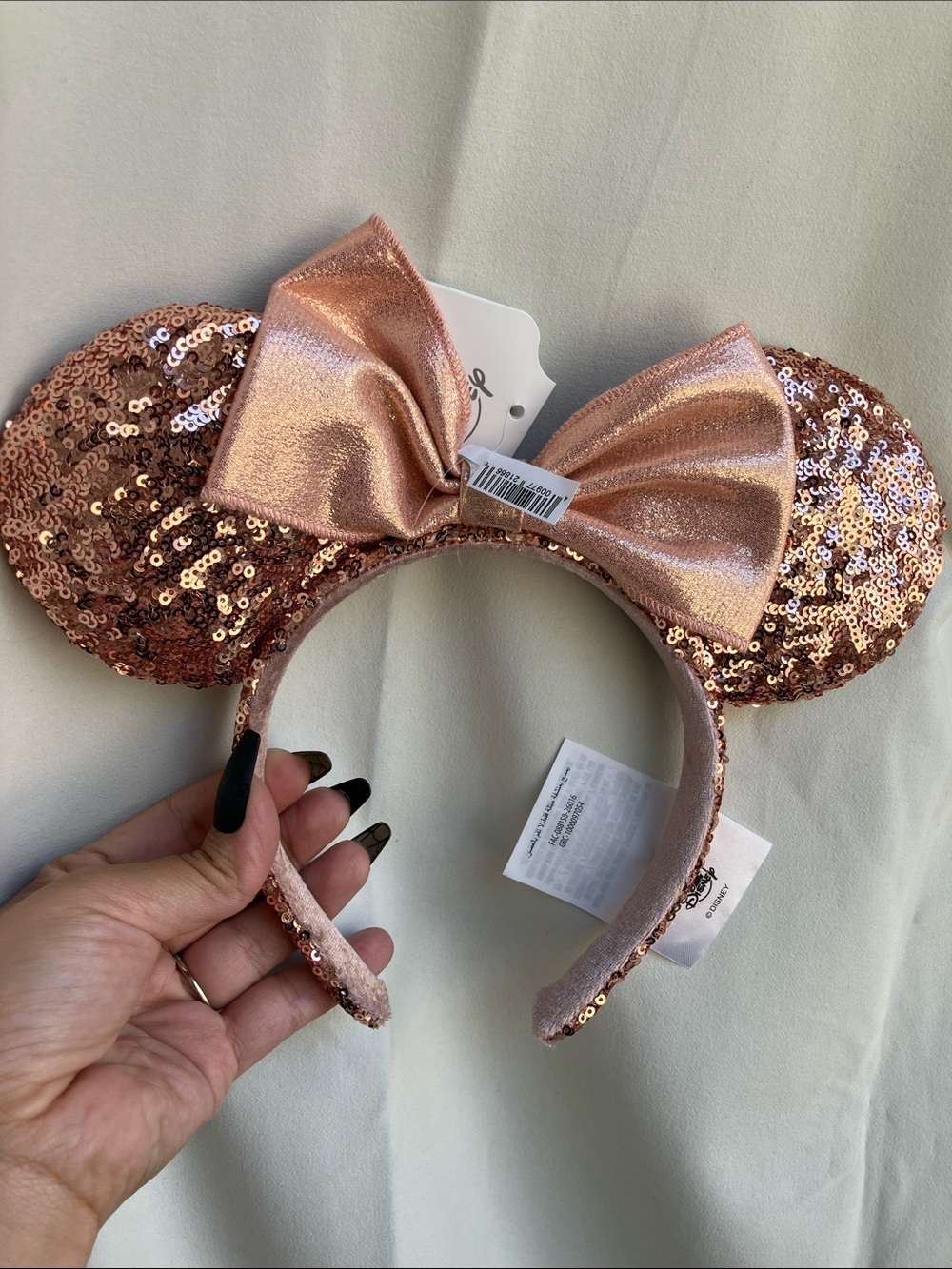 Disney Rose Gold Sequin Minnie Ear Headband with Metallic Bow
